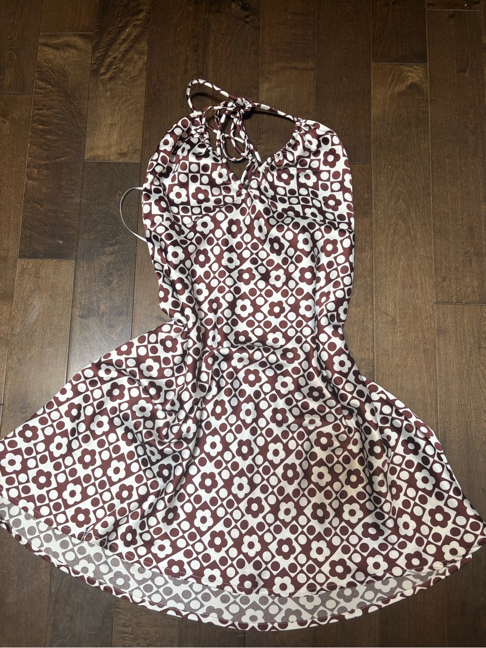 Garage Satin Halter Dress in Brown and White